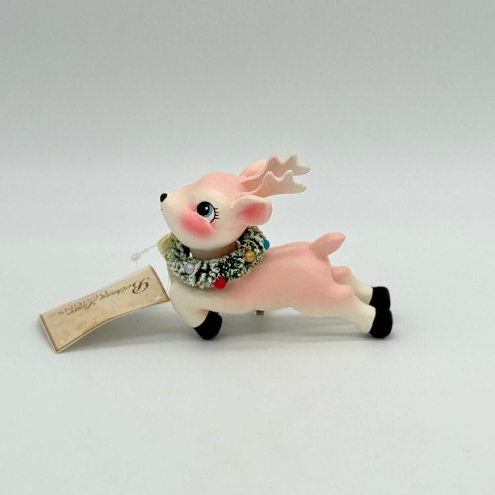Bethany Lowe Leaping High Pink Reindeer Retro Style Christmas Ornament Clip NEW